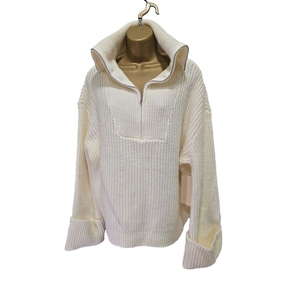 Funnel Neck Sweater Cream Womens Large Wide Sleeve Cable Knit Half Zip Pullover - Picture 1 of 8